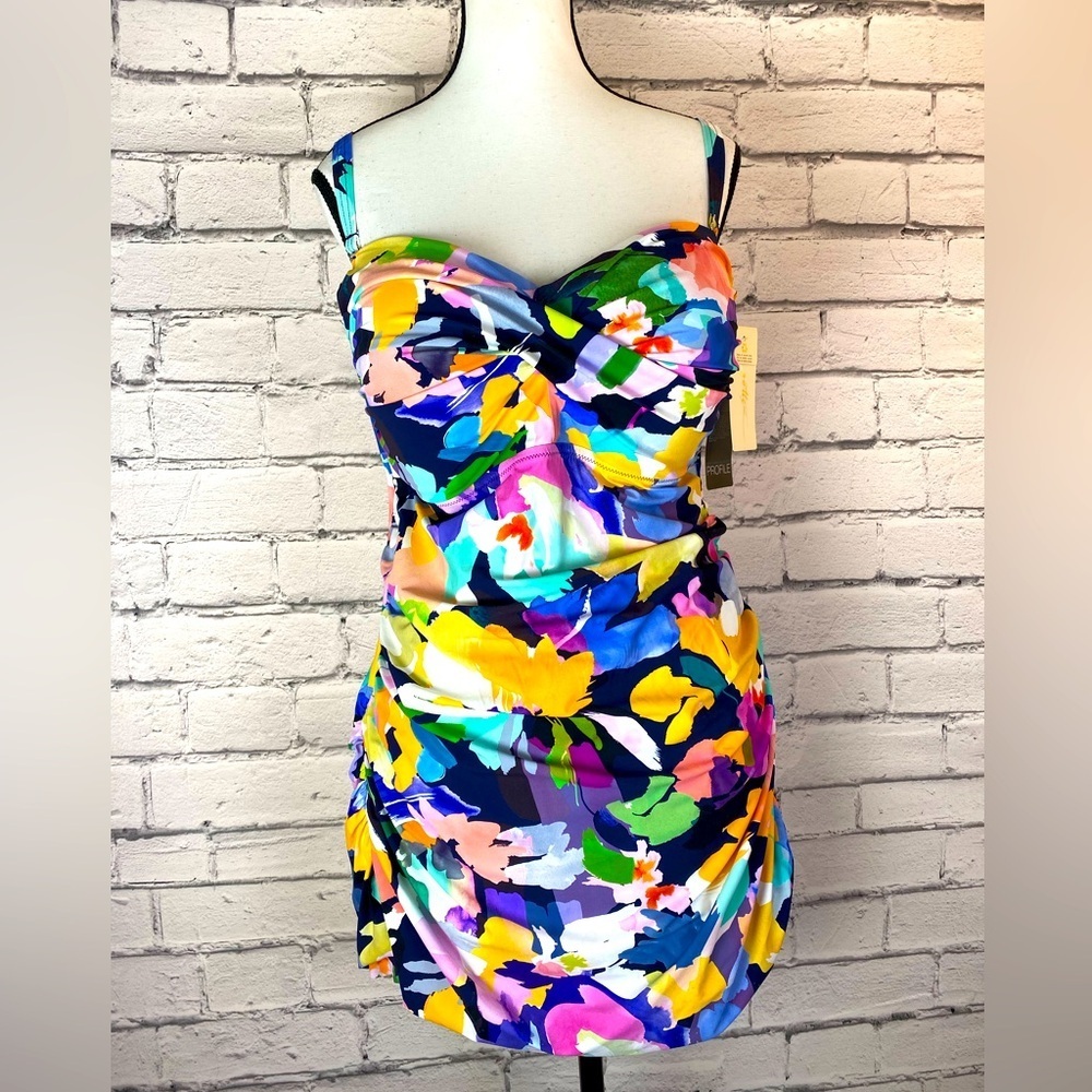 Profile By Gottex Holi Floral Abstract One Piece Bathing Suit Size 22W Bandeau - Picture 1 of 15